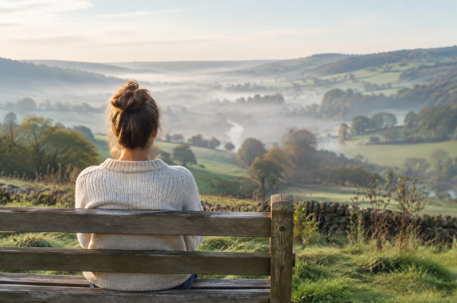 A person sitting on a wooden bench looking out over a misty valley at sunrise