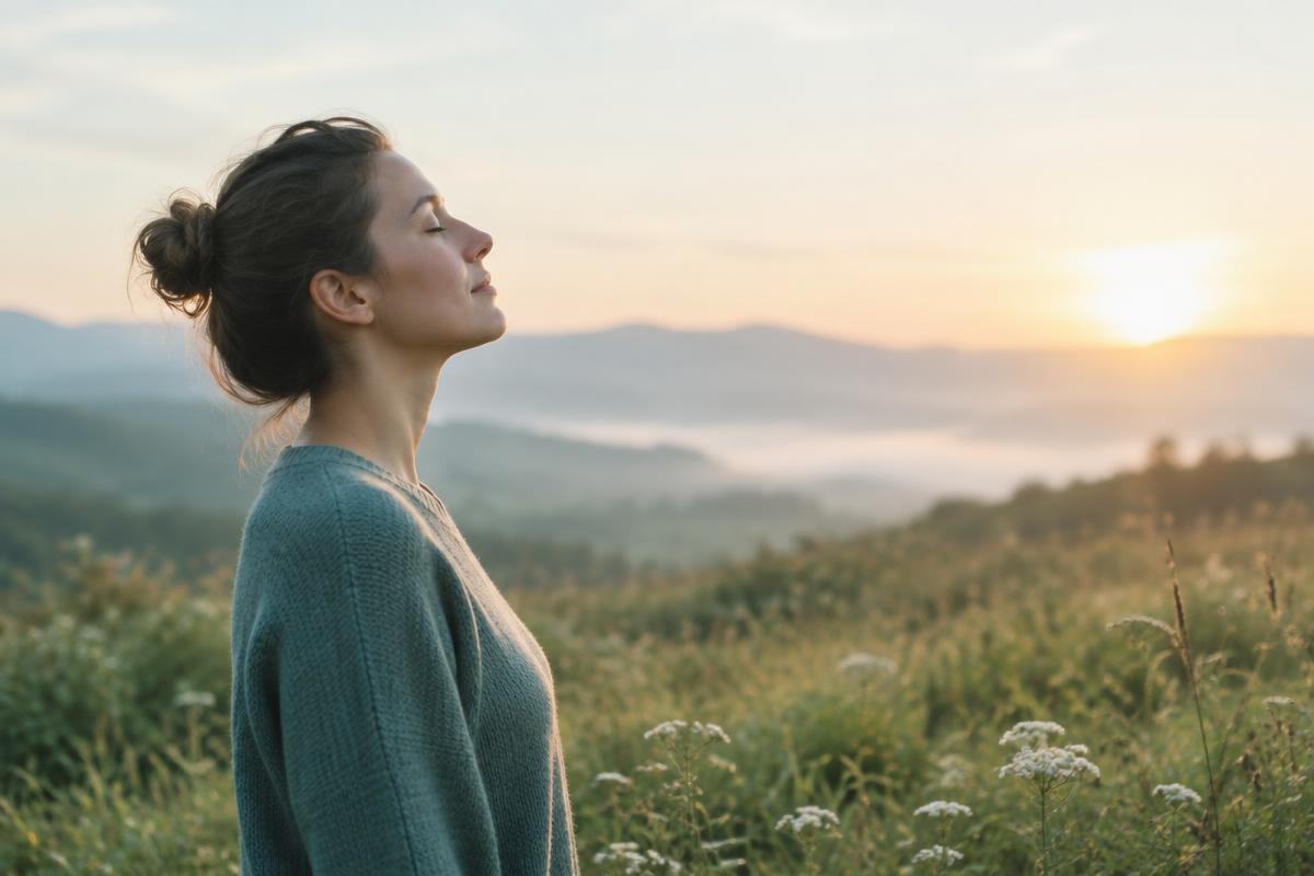 A person standing in a meadow at sunrise with their eyes closed, taking a slow breath