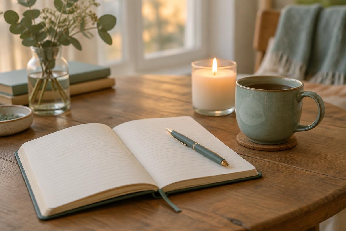 An open notebook, a mug and a lit candle on a wooden table in warm evening light