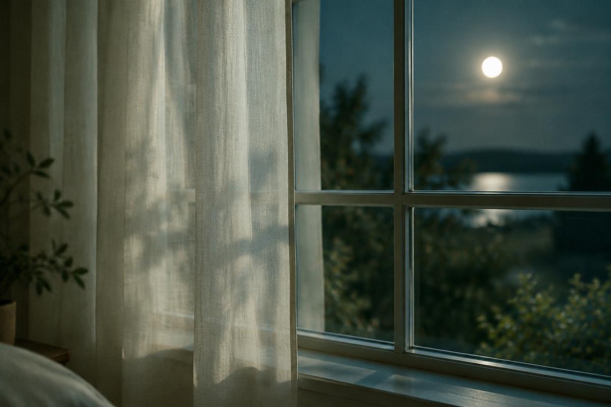 A quiet window at night with a pale curtain and soft moonlight