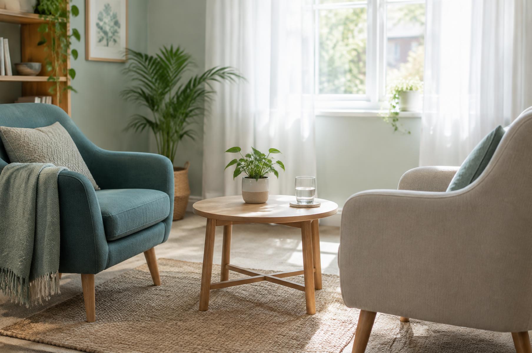 A calm, bright room with two armchairs and a small table, ready for a session