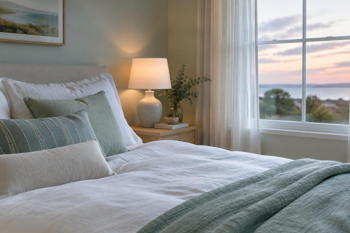 A calm bedroom at dusk with white bedding and a softly lit lamp