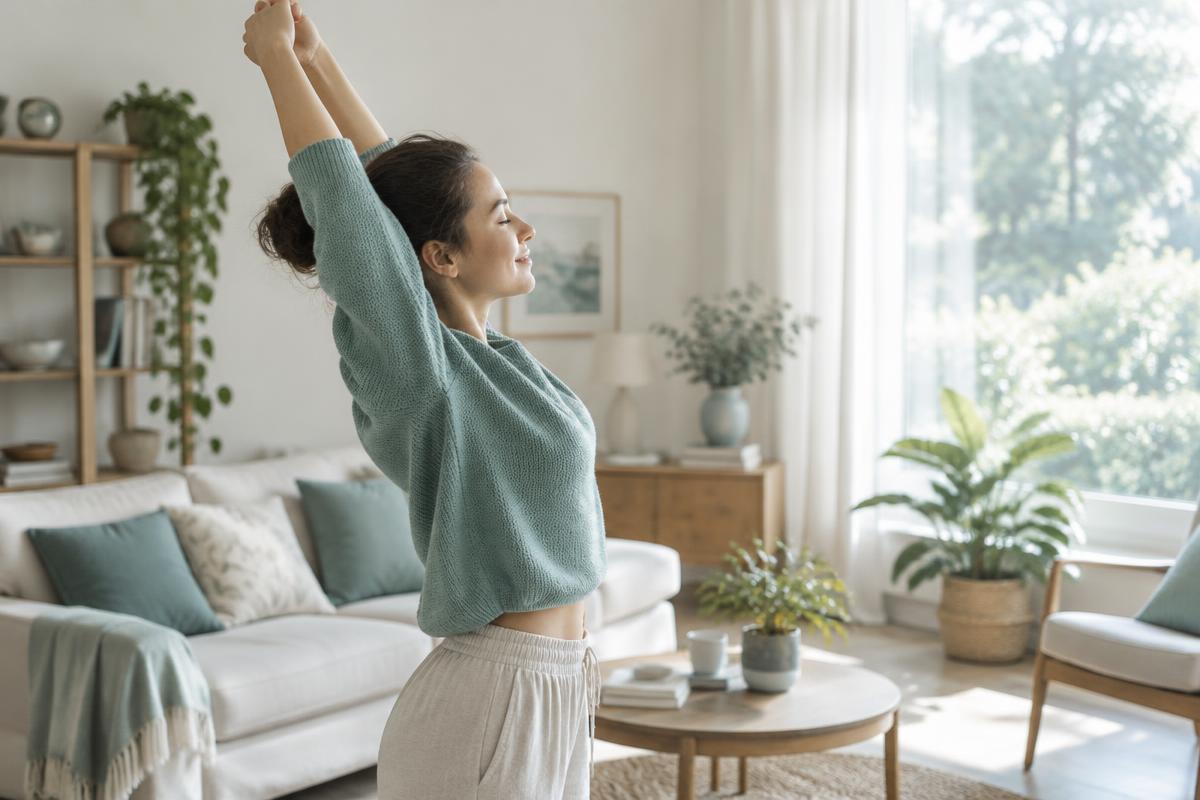 A person stretching their arms upwards in a bright living room