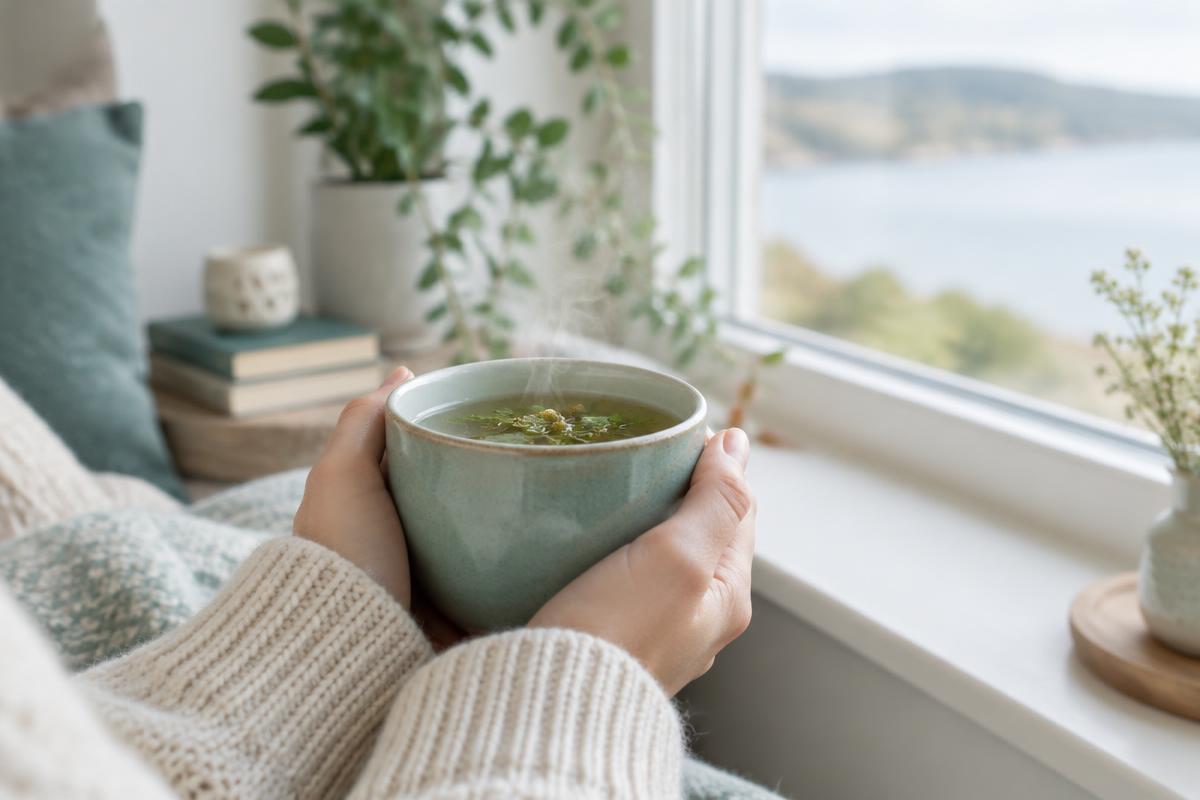 Hands holding a cup of herbal tea beside a window