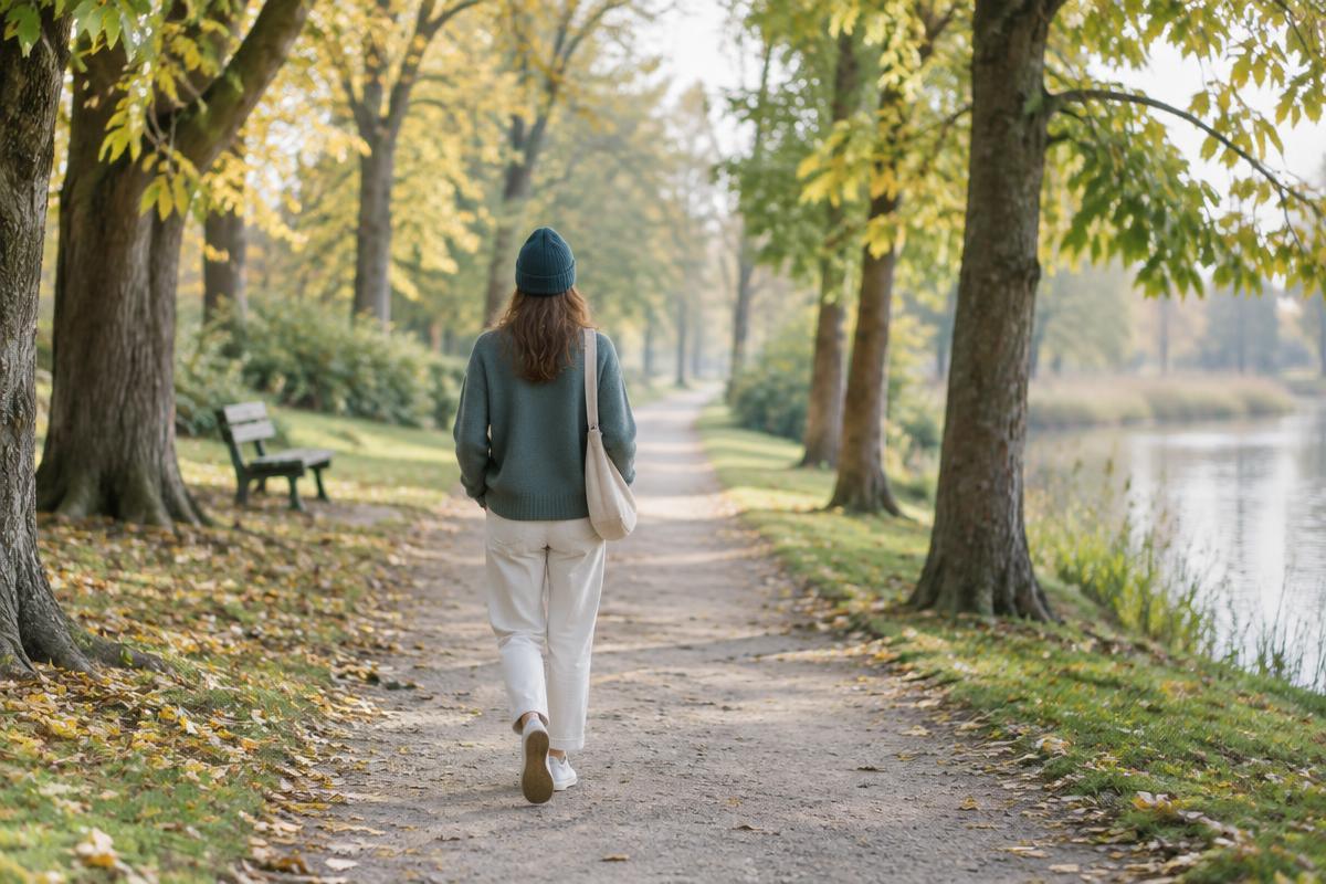 A person walking along a quiet park path lined with trees in autumn light