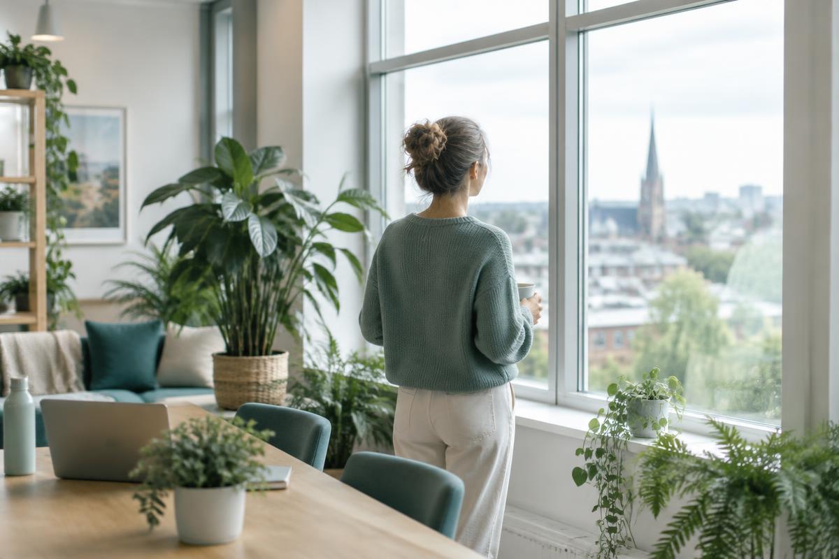 A person taking a breath by a large window in a bright, plant-filled office